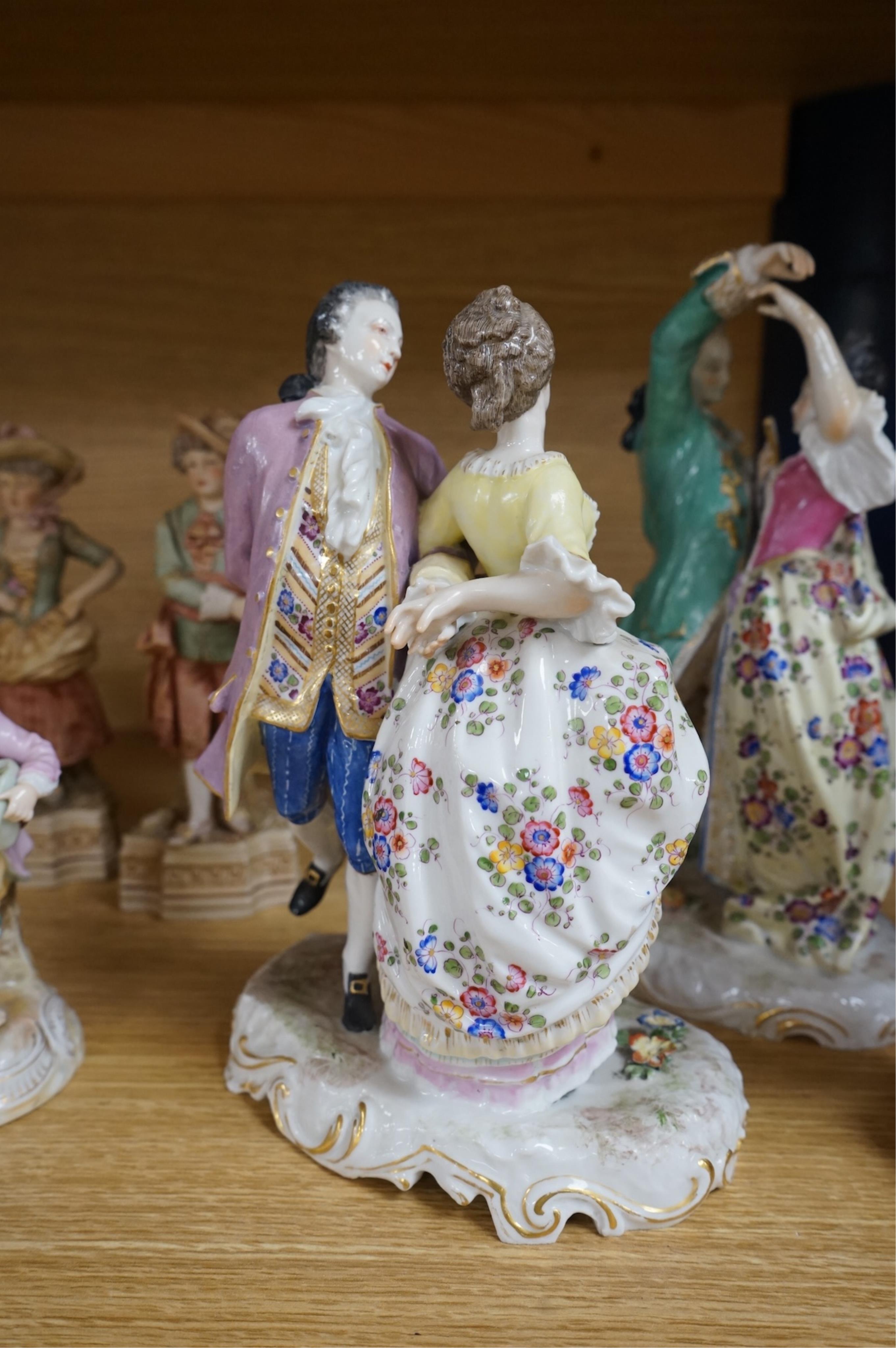 Late 19th century figure groups, including a pair of Samson dancing figures, pair of figures with chicken, pair of Royal Dux Rosenthal and another pair (9), tallest 25cm